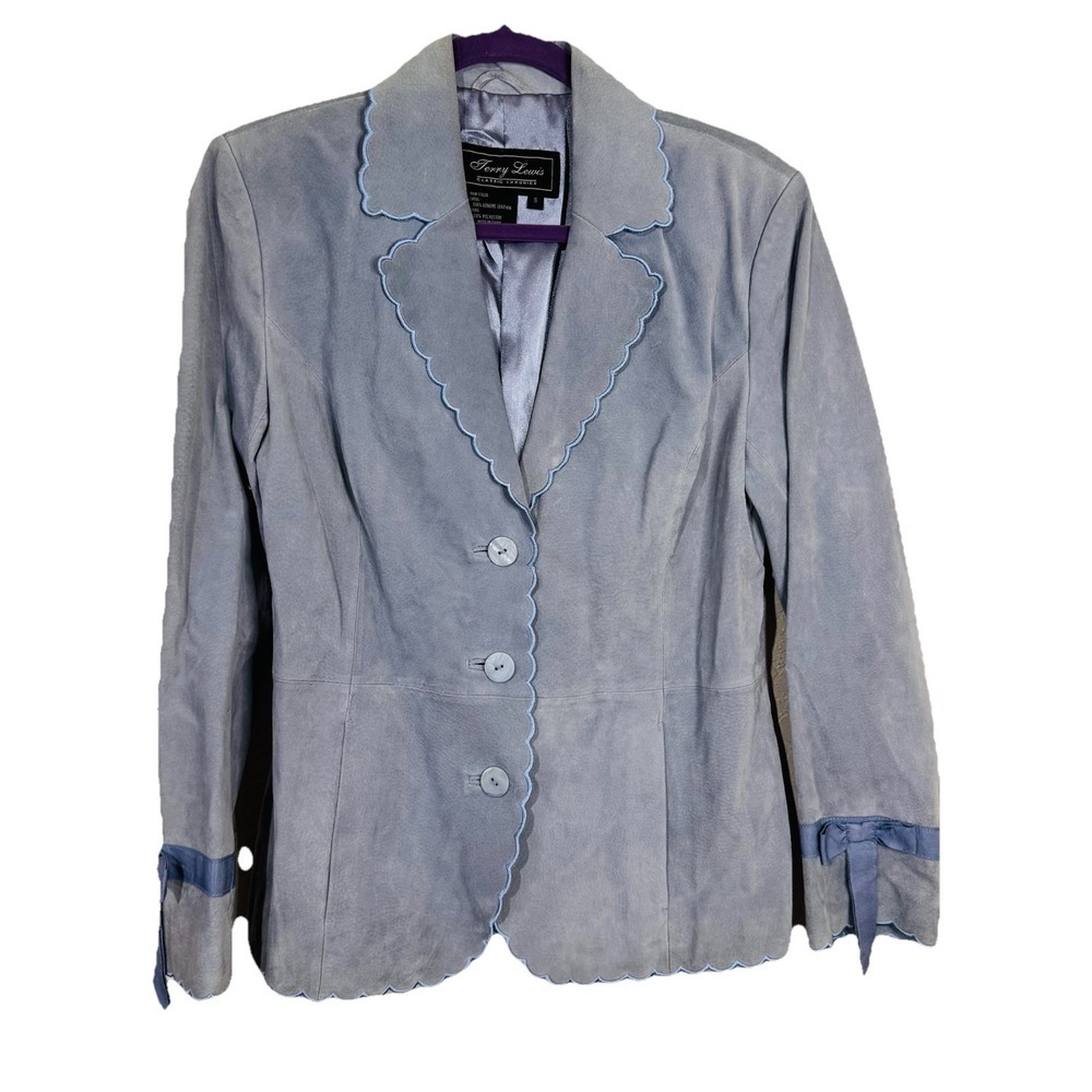Terry Lewis Leather Jacket Blue S Woman Lined Bows Vintage Pockets‎